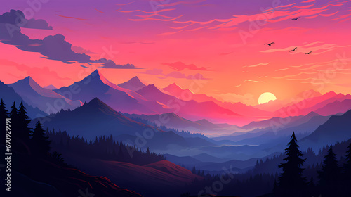 A landscape of mountains and trees with a sunset in the background and a pink sky with a few clouds