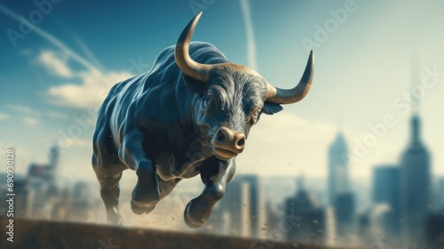One Bull walking along ascending stock market arrow, on a blurred cityscape background. 