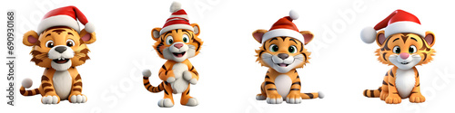 3D Cartoon Tiger Set in Santa Hats on Transparent Background