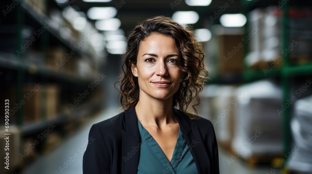 confident woman in factory storehouse confident woman in factory storehouse