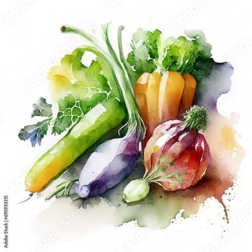 Watercolor art. Minimalist retro  illustration with vegetables.