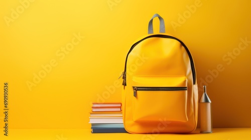 Education concept, school bag with school supplies on light yellow background.