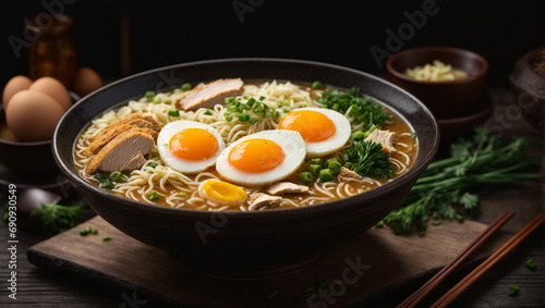 top view ramen soup with chicken, egg, chives and sprout on dark wooden background