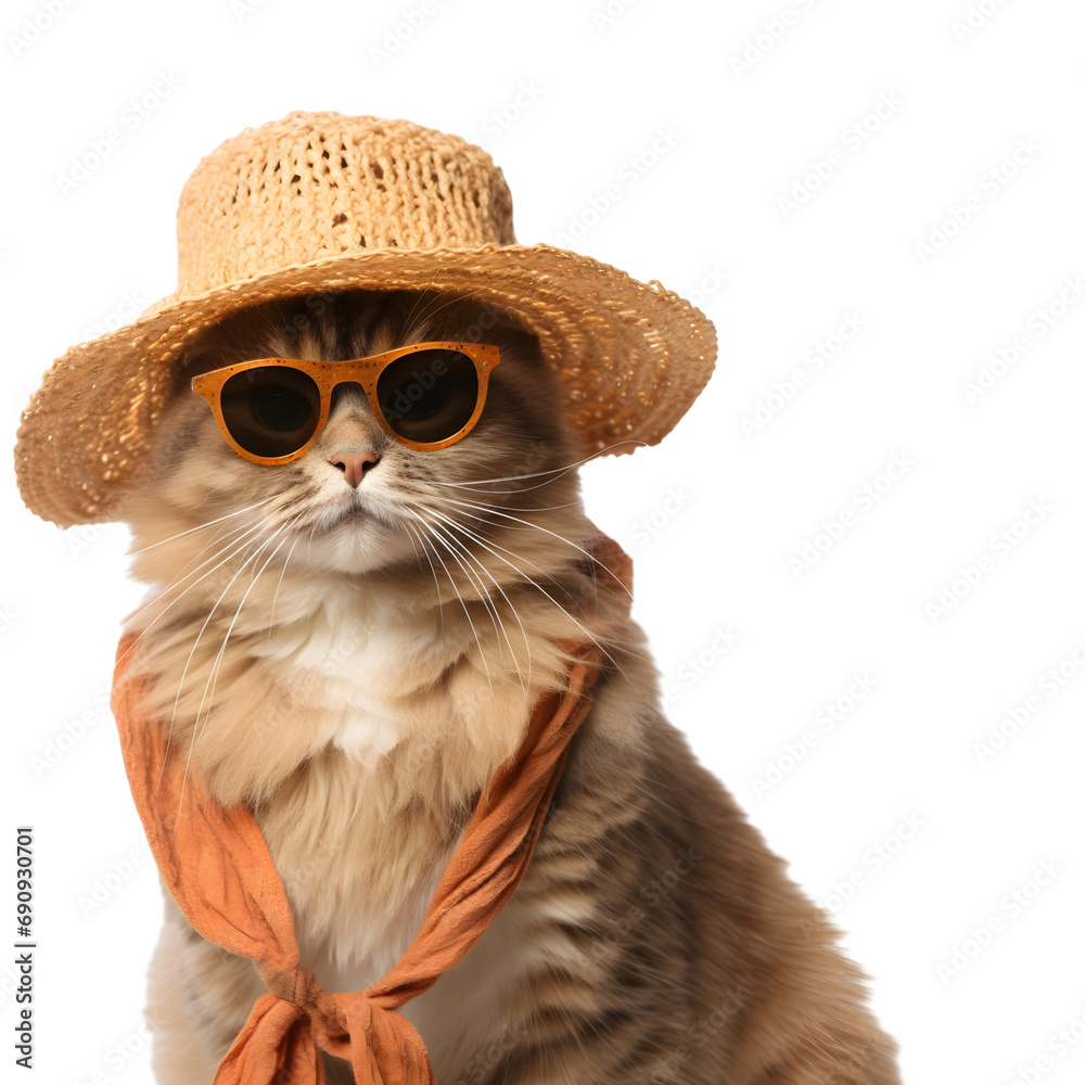 Cat wearing sunglasses and a hat isolated on white background, transparent cutout