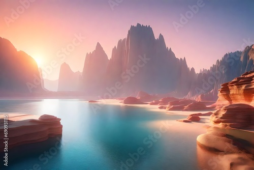 3d render futuristic landscape with cliffs and water modern minimal abstract background. spiritual zen wallpaper with sunset or sunrise light