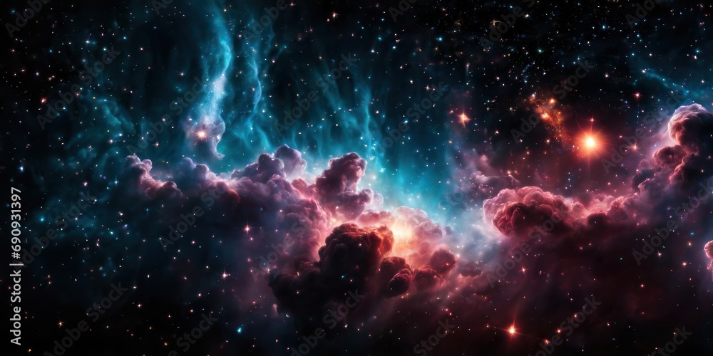 Colorful cosmic nebula veiled in space dust, a celestial spectacle. Fantastic space nebula with glowing cosmic clouds on black background. Universe, stars and galaxies clusters of fantastic worlds