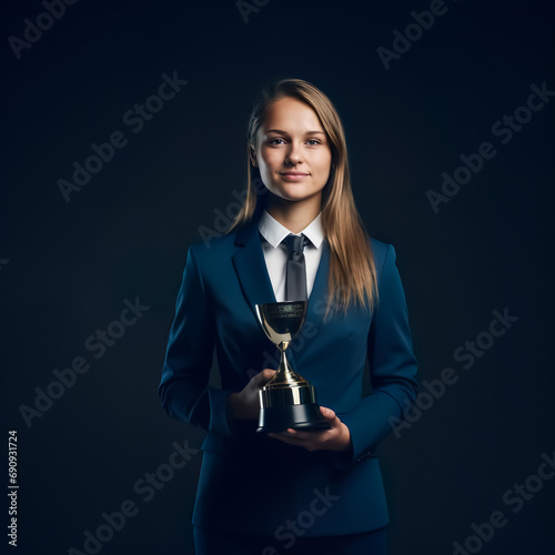 Success goal and growth concepts with young female wearing suit holding gold prize trophy.achievement and celebration moments photo