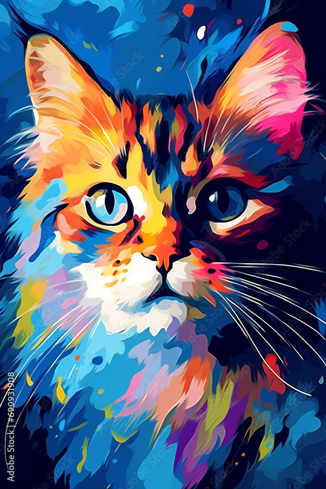 Vibrant pop art portrait of a multicolored cat
