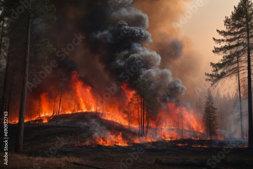 A large-scale forest fire with bright flames and thick black smoke rising into the air. A natural disaster in nature.