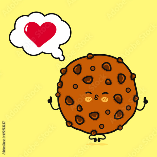 Chocolate cookies doing yoga with speech bubble. Vector hand drawn cartoon kawaii character illustration icon. Isolated on yellow background. Chocolate cookies in love character concept