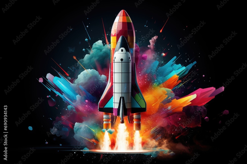 Rocket launching with a colorful holi explosion. - obrazy, fototapety, plakaty 