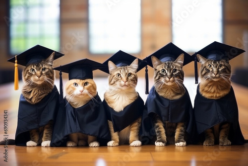 Group of graduated kittens wearing mantle and square hats posing for selfie photography. photo