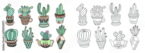 doodle sketch drawing flat style of house plants - flowerpots with cacti, vector illustration
