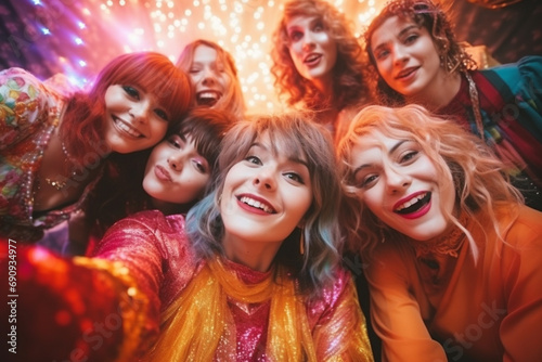 A group of glamorous young beautiful women at a party taking a selfie.