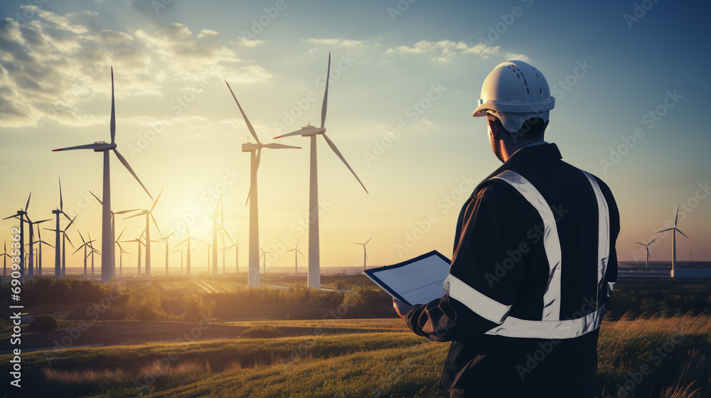 Environmental engineer at work in a wind turbine field, with a