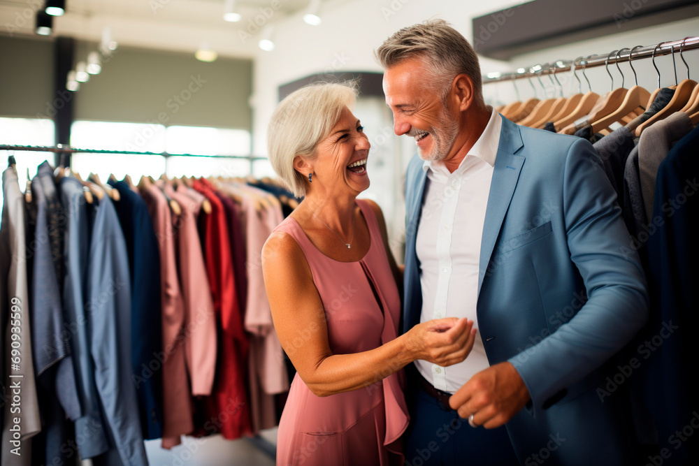 A middle-aged couple tries on clothes in a boutique. A middle-aged couple tries on clothes in a boutique.