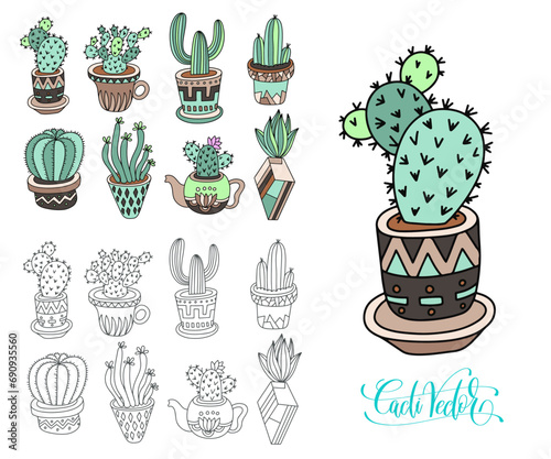 doodle sketch drawing flat style of house plants - flowerpots with cacti, vector illustration.