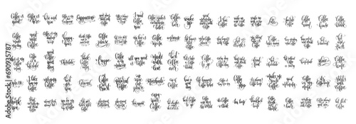 set of 100 hand lettering inscription about coffee time  calligraphy vector illustration collection