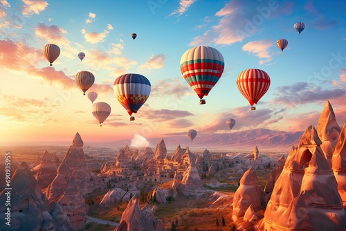 at sunset the hot air balloons of Cappadocia ascend into the sky, creating captivating shadows against Turkey's warm and dusky atmosphere. AI-generated.