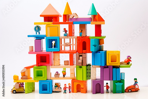 A multi-story playhouse built by a child using colored blocks.