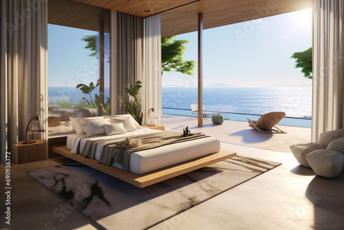 Luxury villa. Modern bedroom open to sunny terrace with sea view. AI generated. © serperm73