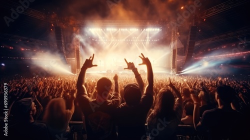 crowd is captivated by a dazzling rock concert, with hands raised and a fiery stage in full blaze, embodying the electric atmosphere of live music. © Anton Gvozdikov