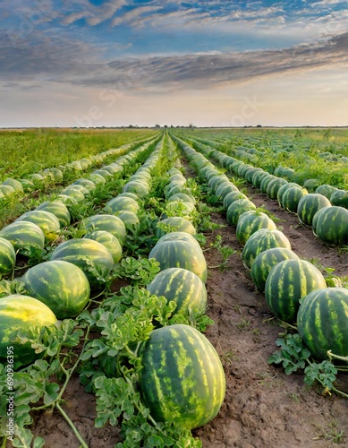 Rows of large watermelons in the field.