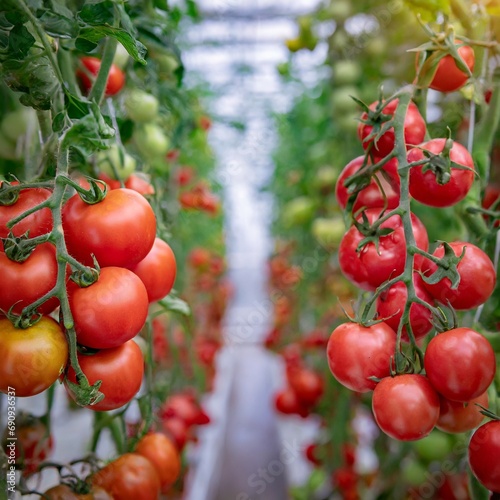 Red ripe tomatoes grow in a greenhouse.