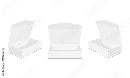 Rectangular Packaging Boxes With Lid, Front, Side View, Opened Mockup, Isolated On White Background. Vector Illustration
