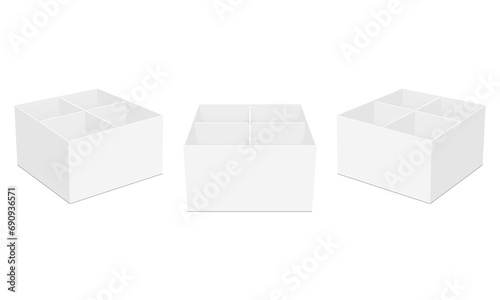 No-lid Cardboard Box Mockup For Bottles, Front And Side View, Isolated On White Background. Vector Illustration