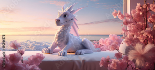 adorable white dragon sits on the sofa in front of the window and waits for the day to come and at dawn he will turn into a princess, room full of flowers in pink unicorn style,high quality photoo