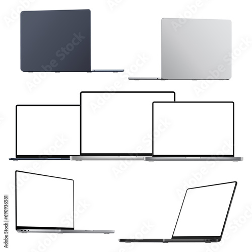 Set Of Laptop Mockup, Front, Side, Back, View, Blank Screens, Isolated On White Background. Vector Illustration