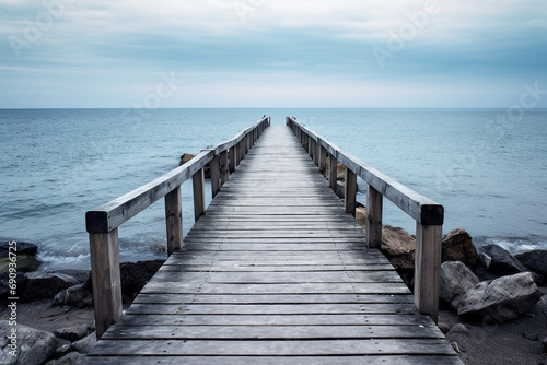 The wooden jetty leads far out to sea. AI generated. © serperm73