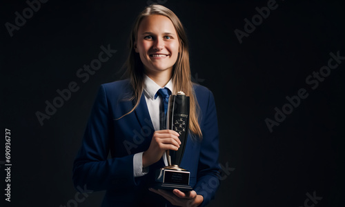 Success goal and growth concepts with young female wearing suit holding gold prize trophy.achievement and celebration moments