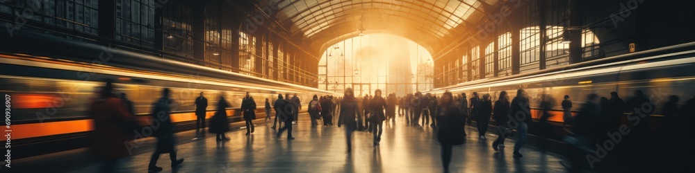 Commuters in motion at busy train station