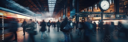 Commuters in motion at busy train station photo
