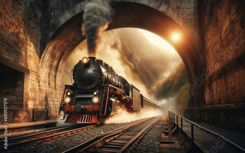 Old steam train pulling into a tunnel belching steam and smoke photo