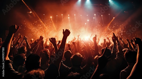 thrilling concert scene with pyrotechnics lighting up the stage as an ecstatic audience raises their hands in unison  fully immersed in the live music experience.