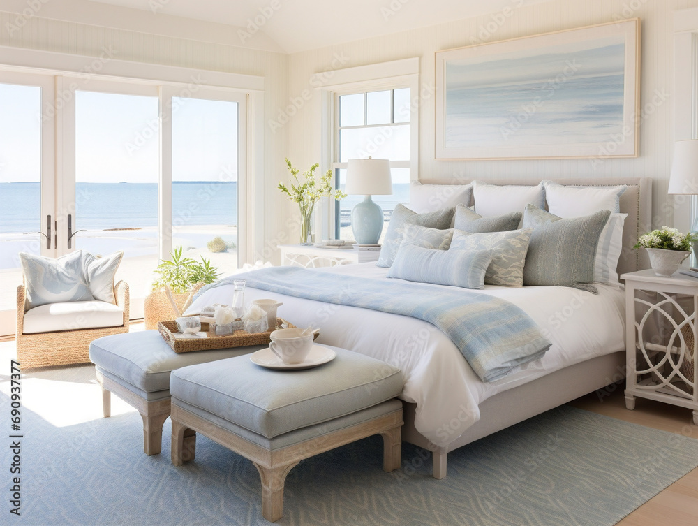 A bright and modern coastal inspired bedroom with a clean and open design. A bright and modern coastal inspired bedroom with a clean and open design.