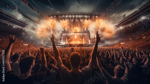 crowd is captivated by a dazzling rock concert, with hands raised and a fiery stage in full blaze, embodying the electric atmosphere of live music. © Anton Gvozdikov