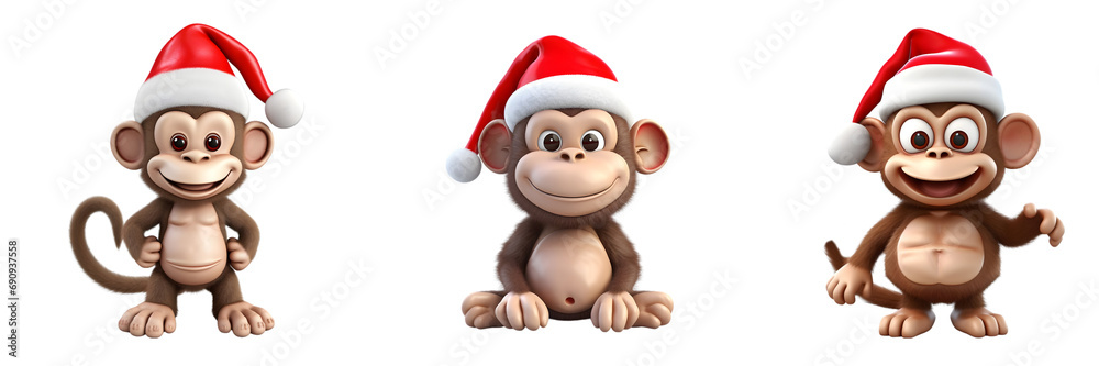 3D Cartoon Monkey Set in Santa Hats on Transparent Background