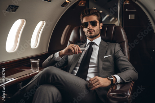 Business person in elegant suit seats in own private business jet.