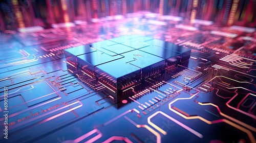3D illustration of a futuristic microchip processor on a circuit board with electronic data paths, highlighting advanced technology and computing.