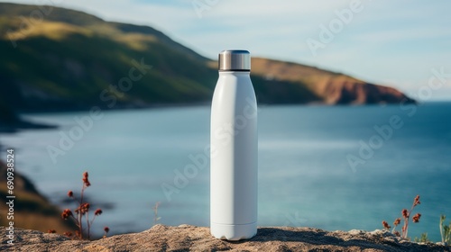 White stainless thermo bottle with sea in the background, copy space, 16:9 photo