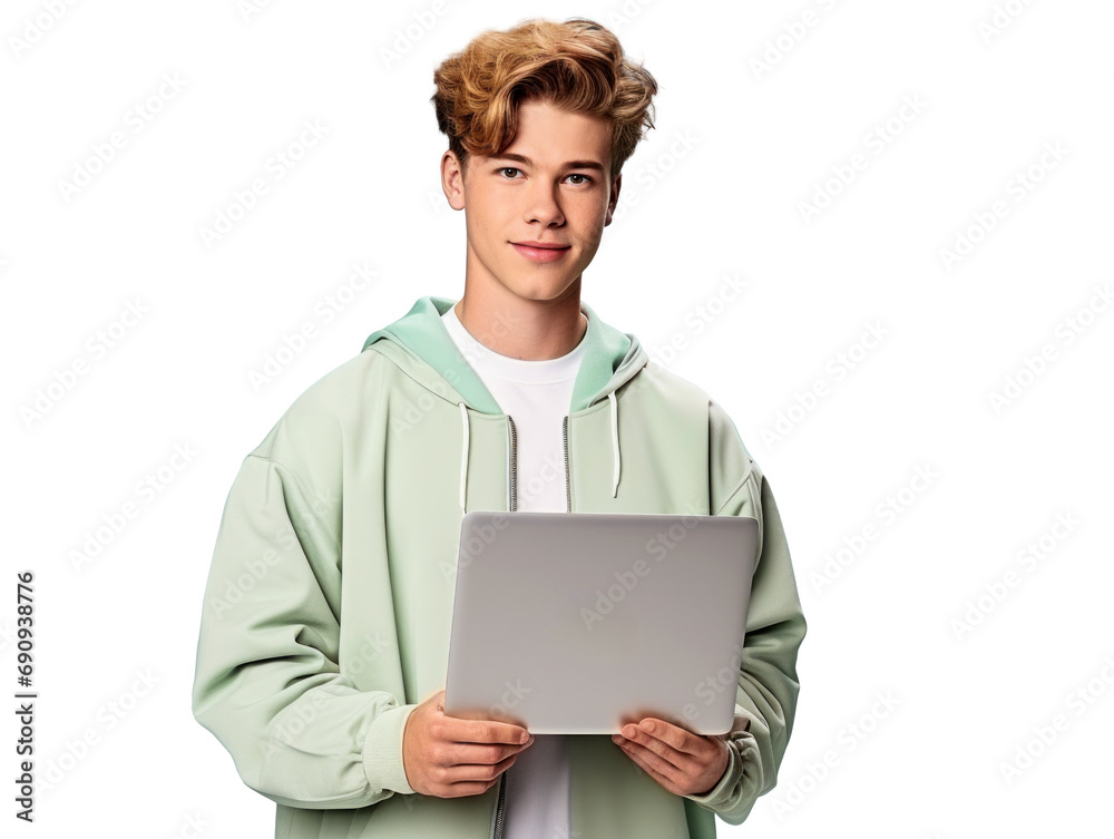 Young man with laptop standing confidently, connected and focused, isolated on a transparent background. Generative AI Young man with laptop standing confidently, connected and focused, isolated on a transparent background. Generative AI