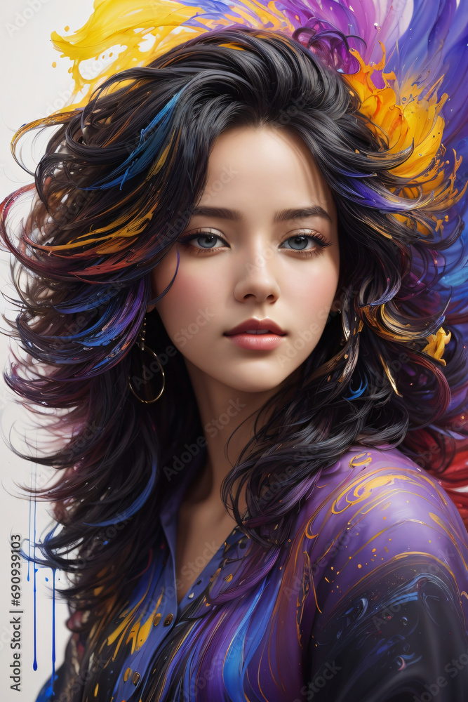 Fototapeta premium Colorful beautiful 18-years old girl with messy hair, oil painting. generative AI