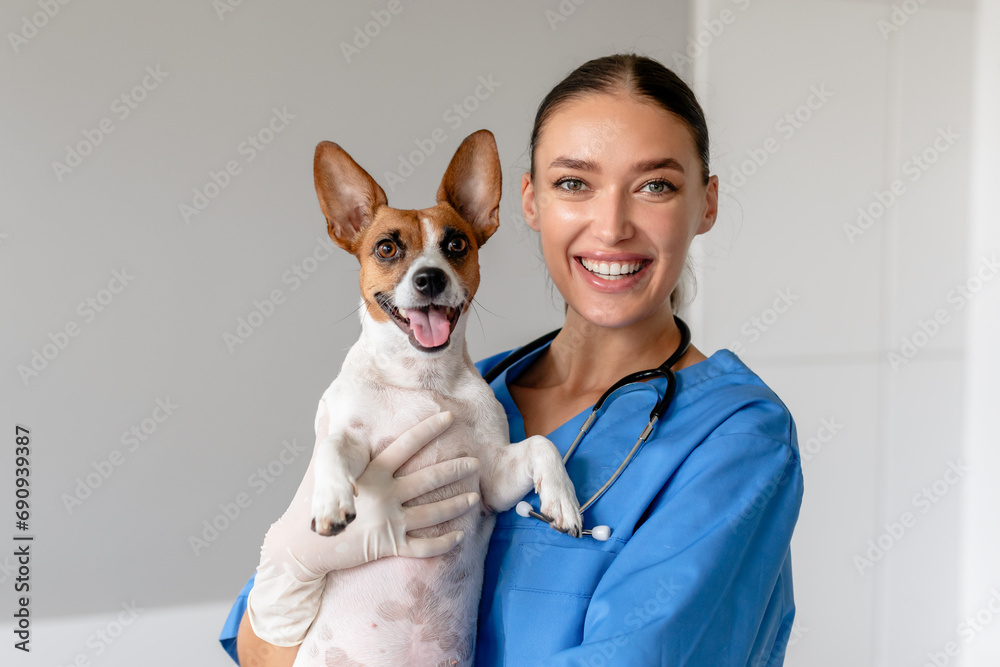 Vet holding an exuberant Jack Russell Terrier