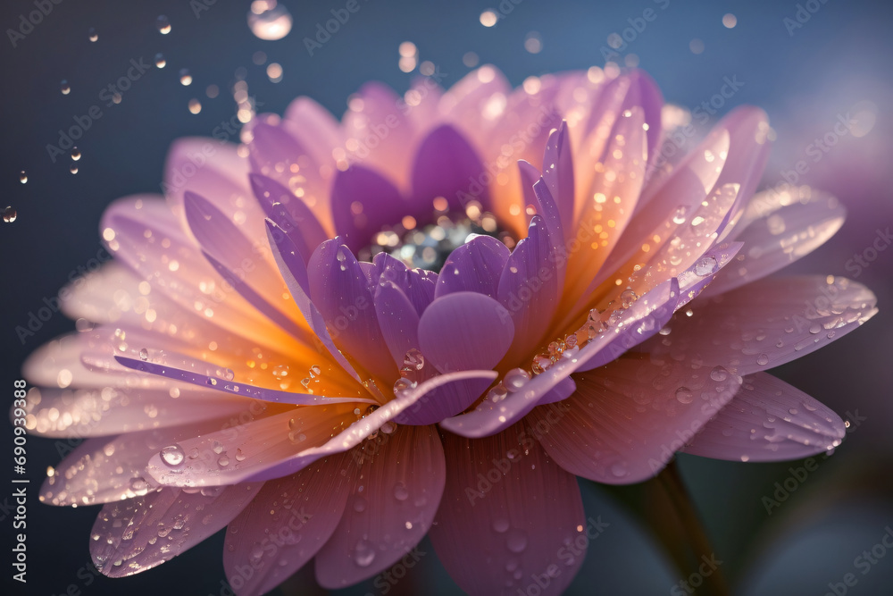 Obraz premium Enchanting Floral Elegance Amidst Mist and Glistening Dew in Soft Illumination. generative AI
