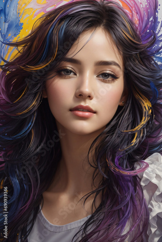 Colorful beautiful 18-years old girl with messy hair, oil painting. generative AI