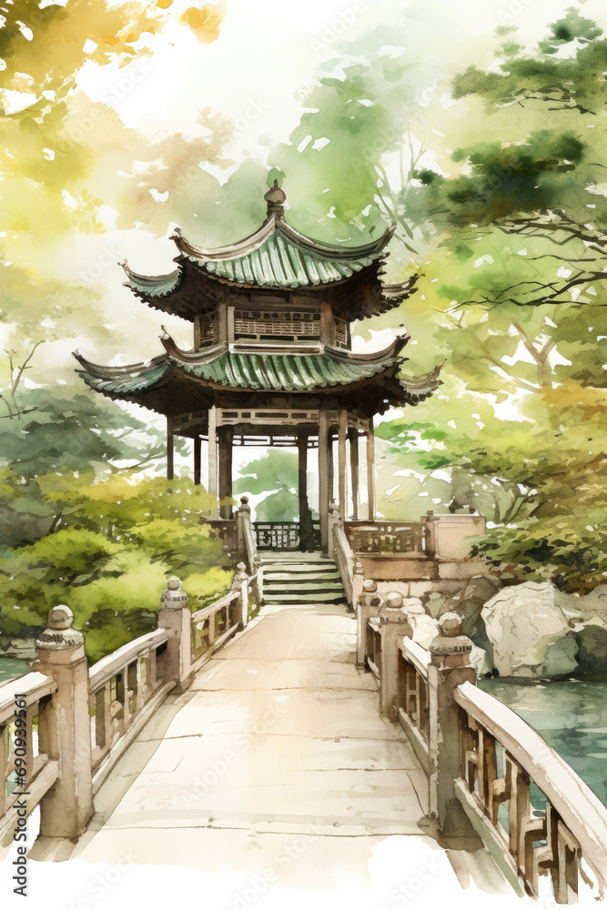 Obraz premium Tranquil Garden of Serenity.,Calligraphy art style